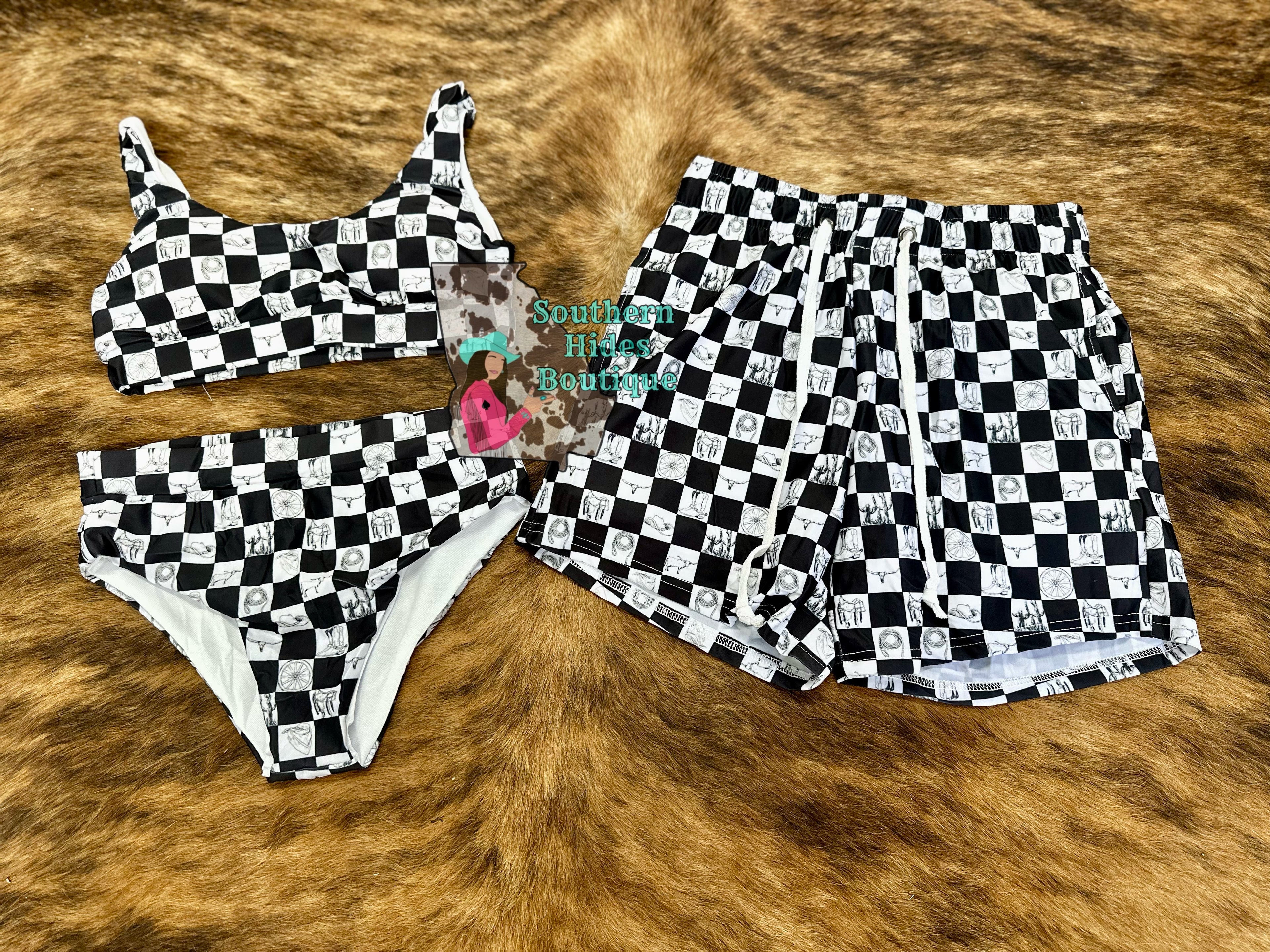 Western Checkered Men’s Swim Trunks