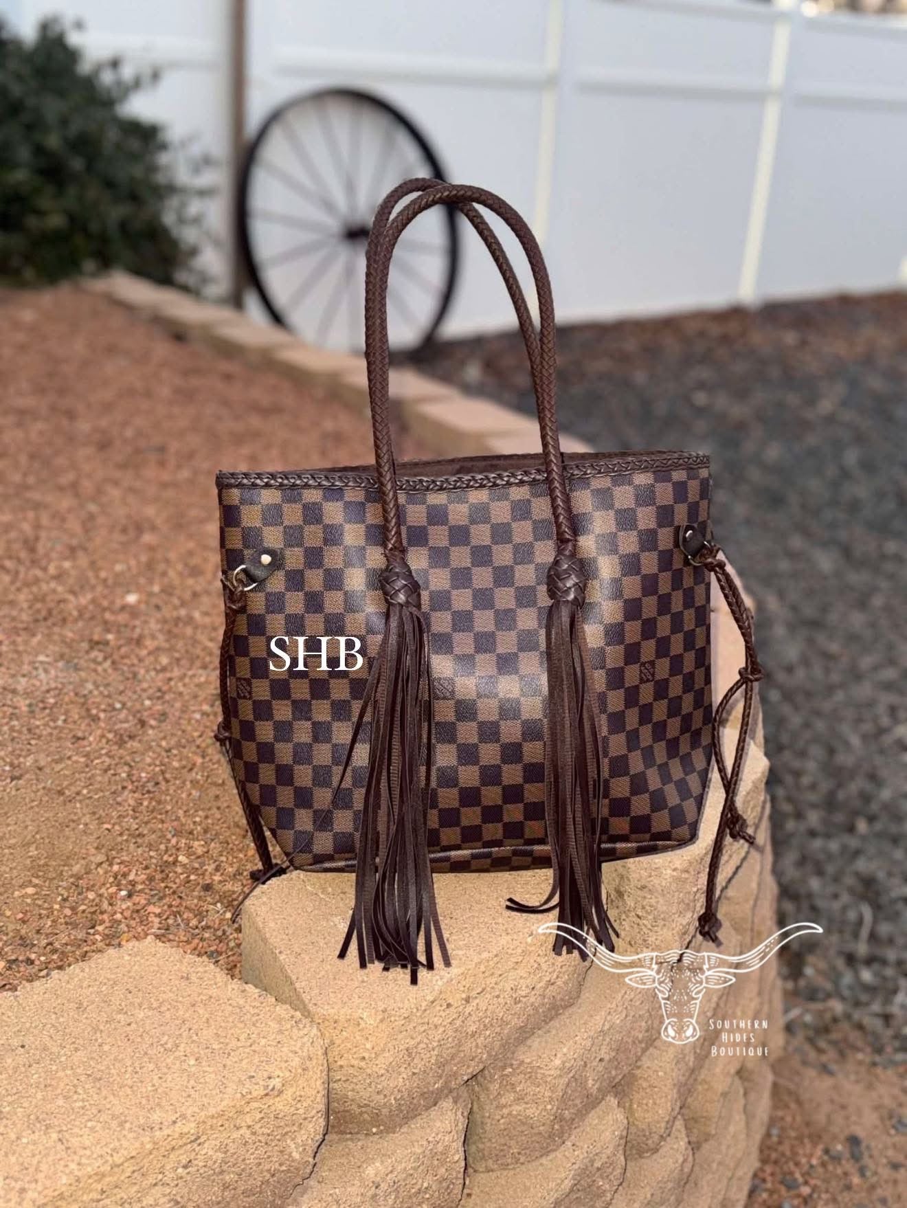Brown Checkered Fringe Tote