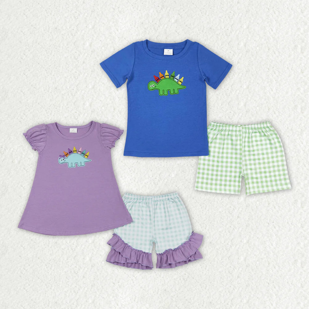 Embroidered Dino Shorts Set